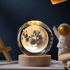 Crystal Ball 3D Laser Engraved Astronaut Planet Sun System Decorative Ball with LED Light Base Home Decor Ornament Kids Gift