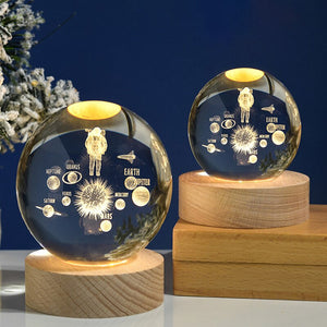 Crystal Ball 3D Laser Engraved Astronaut Planet Sun System Decorative Ball with LED Light Base Home Decor Ornament Kids Gift