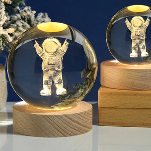 Crystal Ball 3D Laser Engraved Astronaut Planet Sun System Decorative Ball with LED Light Base Home Decor Ornament Kids Gift