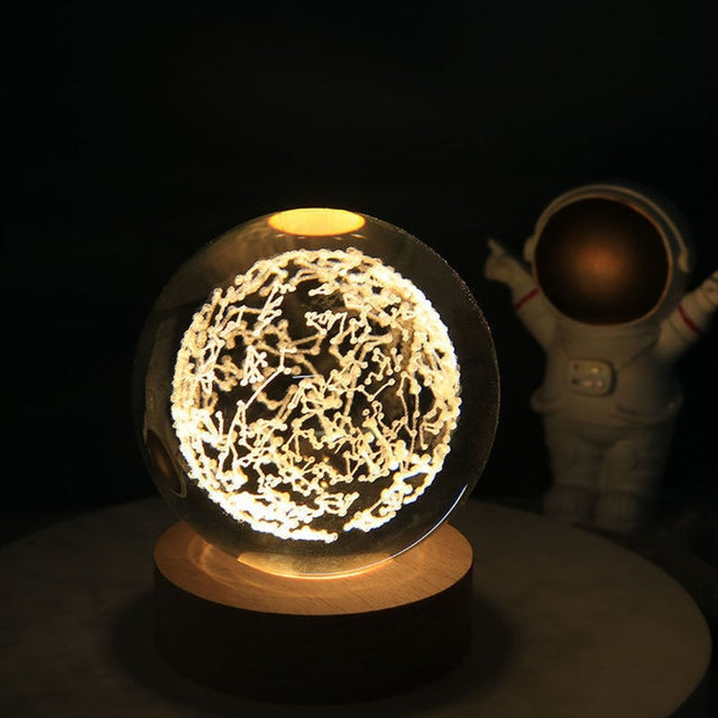 Crystal Ball 3D Laser Engraved Astronaut Planet Sun System Decorative Ball with LED Light Base Home Decor Ornament Kids Gift