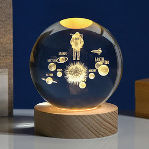 Crystal Ball 3D Laser Engraved Astronaut Planet Sun System Decorative Ball with LED Light Base Home Decor Ornament Kids Gift