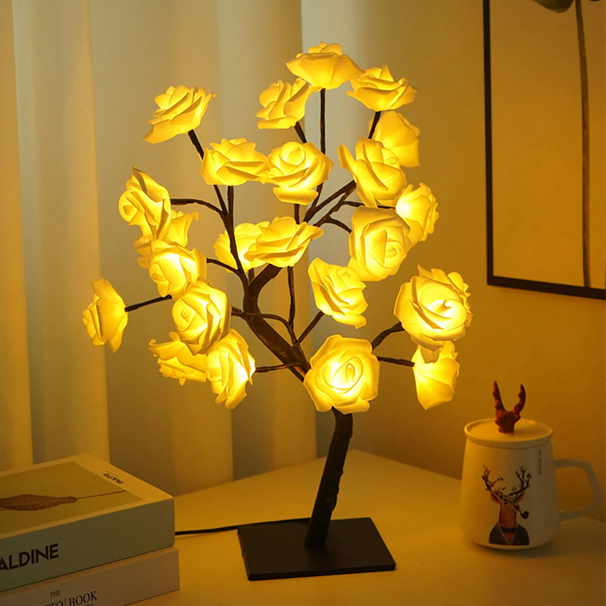 Best-selling Detachable Plastic Base USB Switch LED Simulation Rose Tree Lamp Home Decoration Night Light