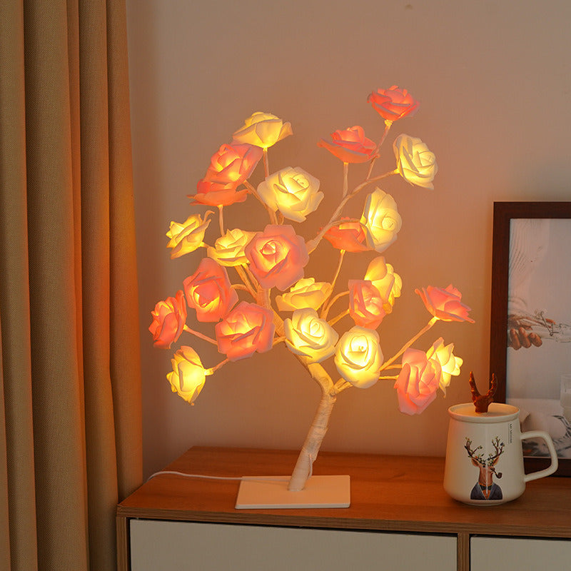 Best-selling Detachable Plastic Base USB Switch LED Simulation Rose Tree Lamp Home Decoration Night Light