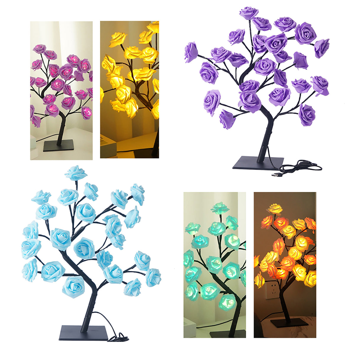Best-selling Detachable Plastic Base USB Switch LED Simulation Rose Tree Lamp Home Decoration Night Light
