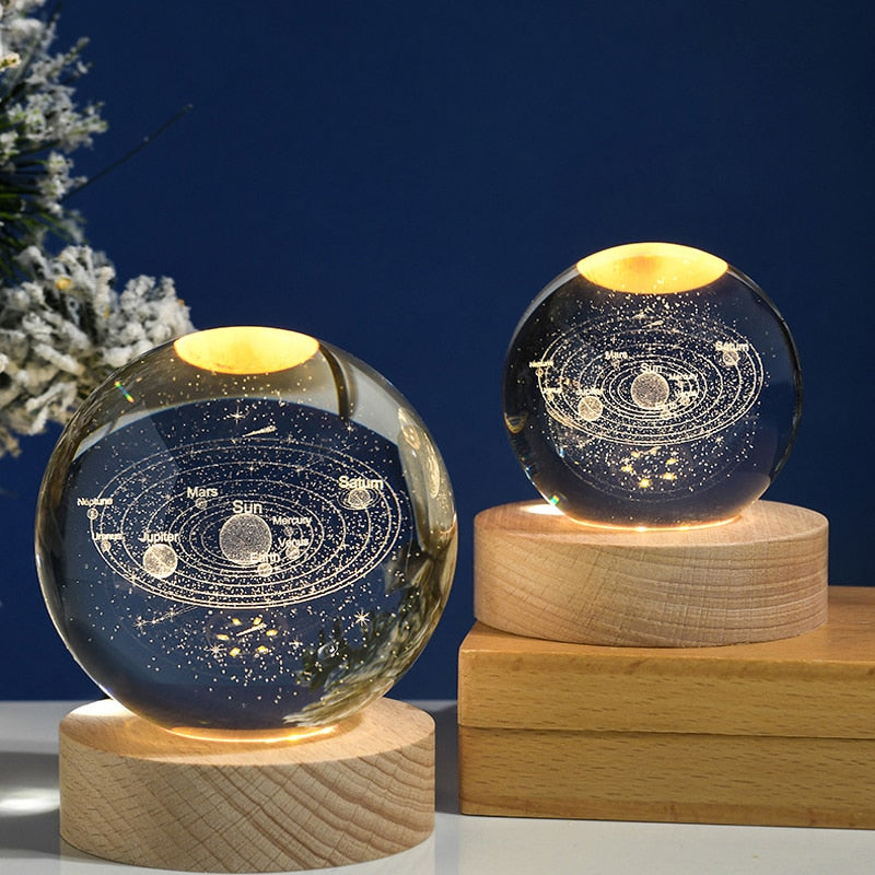 Crystal Ball 3D Laser Engraved Astronaut Planet Sun System Decorative Ball with LED Light Base Home Decor Ornament Kids Gift